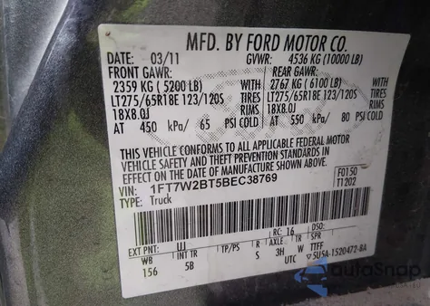 2011 Ford F-250 Lariat z USA, uszkodzony, nr VIN 1FT7W2BT5BEC38769